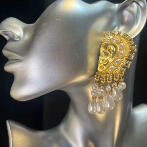 Elegant Gold and Pearl Drop Earrings Surrealist Schiaparelli Style